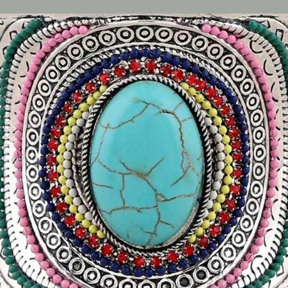 BOHO Silver Tone Turquoise Stone Cuff Bangle - Picture 3 of 5